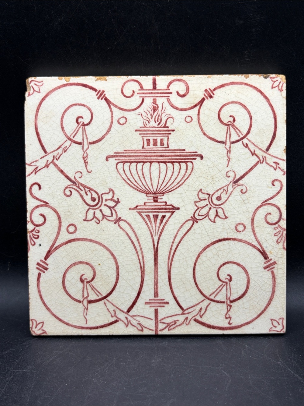 Maw & Co Floreat Salopia Jackfield Salop Antique Red Flaming Urn Ceramic Tile
